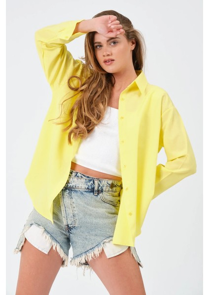 Kadın Sarı Oversize Uzun Basic Gömlek