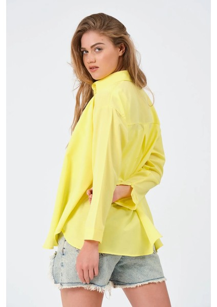 Kadın Sarı Oversize Uzun Basic Gömlek