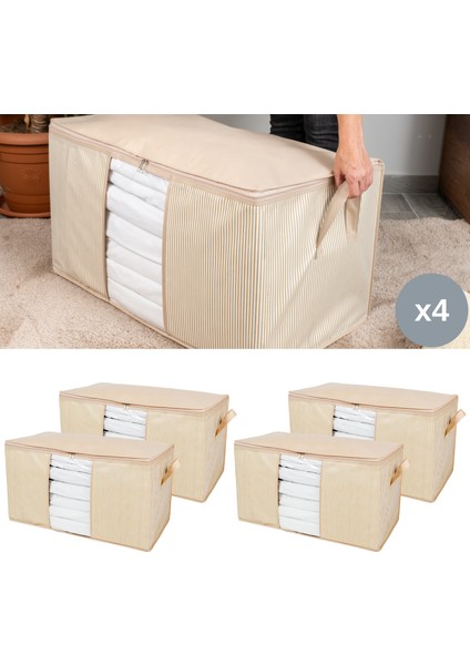 4 Adet Mega Boy Pencereli Çizgi Desen Baskılı Krem Yorgan Düzenleyici Hurç 90X50X50 cm