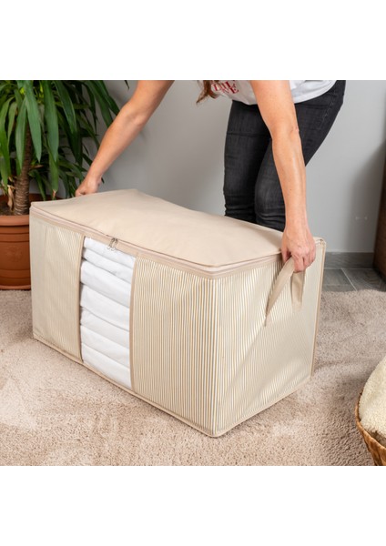 4 Adet Mega Boy Pencereli Çizgi Desen Baskılı Krem Yorgan Düzenleyici Hurç 90X50X50 cm modelleri