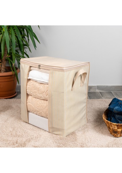 Pencereli Çizgi Desen Baskılı Krem Yastık Pike Battaniye Düzenleyici Hurç 45X30X50 cm