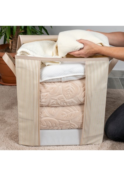 Pencereli Çizgi Desen Baskılı Krem Yastık Pike Battaniye Düzenleyici Hurç 45X30X50 cm fiyatları