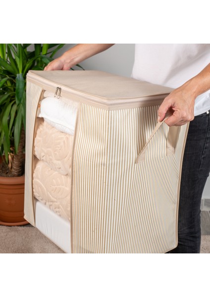 Pencereli Çizgi Desen Baskılı Krem Yastık Pike Battaniye Düzenleyici Hurç 45X30X50 cm modelleri