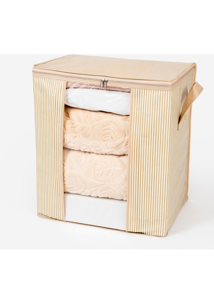 Pencereli Çizgi Desen Baskılı Krem Yastık Pike Battaniye Düzenleyici Hurç 45X30X50 cm indirimleri