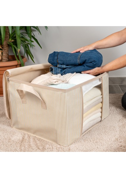 4 Adet Orta Boy Pencereli Çizgi Desen Baskılı Krem Dolap içi Kıyafet Düzenleyici Hurç Seti 45X40X30 cm fiyatları
