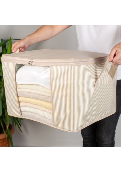 4 Adet Orta Boy Pencereli Çizgi Desen Baskılı Krem Dolap içi Kıyafet Düzenleyici Hurç Seti 45X40X30 cm modelleri