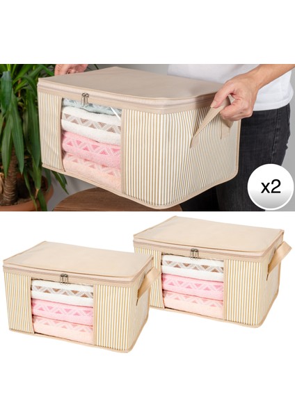 2 Adet Küçük Boy Pencereli Çizgi Desen Baskılı Krem Dolap Içi Baza Altı Valiz Içi Düzenleyici Hurç Seti 40X30X20 cm