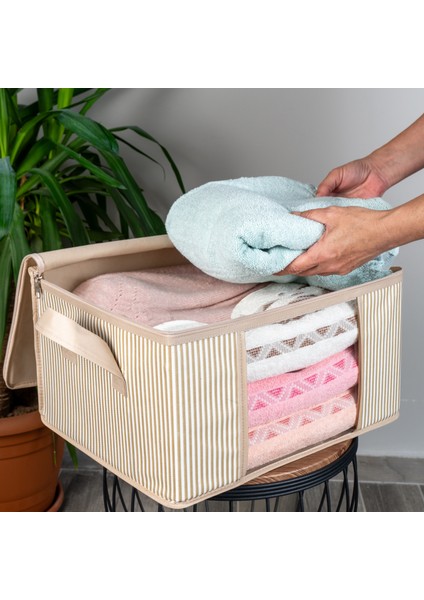 2 Adet Küçük Boy Pencereli Çizgi Desen Baskılı Krem Dolap Içi Baza Altı Valiz Içi Düzenleyici Hurç Seti 40X30X20 cm fiyatları