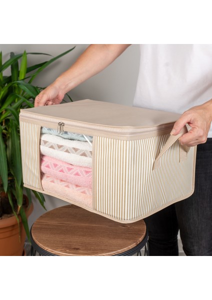 2 Adet Küçük Boy Pencereli Çizgi Desen Baskılı Krem Dolap Içi Baza Altı Valiz Içi Düzenleyici Hurç Seti 40X30X20 cm modelleri