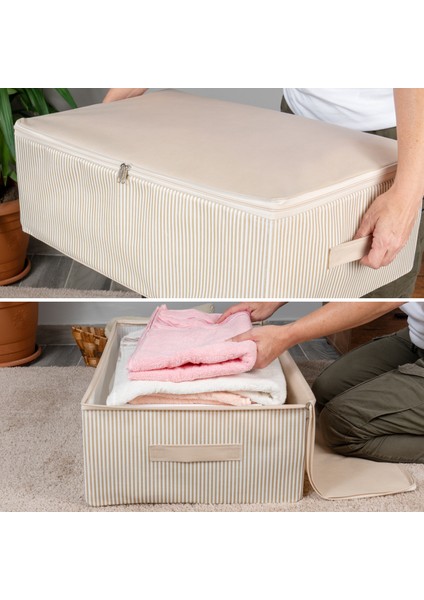 4 Adet Büyük Boy Çizgi Desen Baskılı Krem Baza Altı Düzenleyici Hurç Seti 60x40x20 cm fiyatları