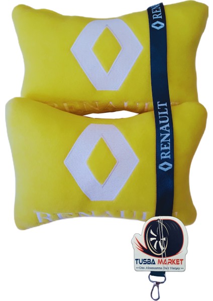 Renault Beyaz Nakışlı Sarı Polar Ortopedik Seyahat Boyun Yastık / Mavi Oto Ayna Askısı