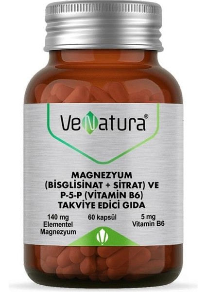 Magnezyum (Bisglisinat+Sitrat) ve P5P (Vitamin B6) 60 Kapsül