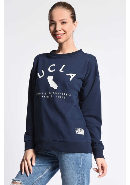 ALAMEDA Lacivert Oversize Bisiklet Yaka Baskılı Kadın Sweatshirt