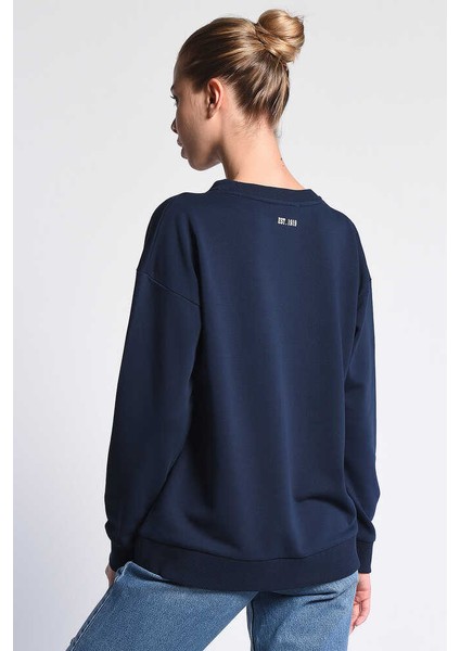 ALAMEDA Lacivert Oversize Bisiklet Yaka Baskılı Kadın Sweatshirt