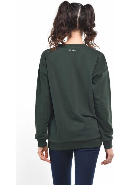 ALAMEDA Yeşil Oversize Bisiklet Yaka Baskılı Kadın Sweatshirt