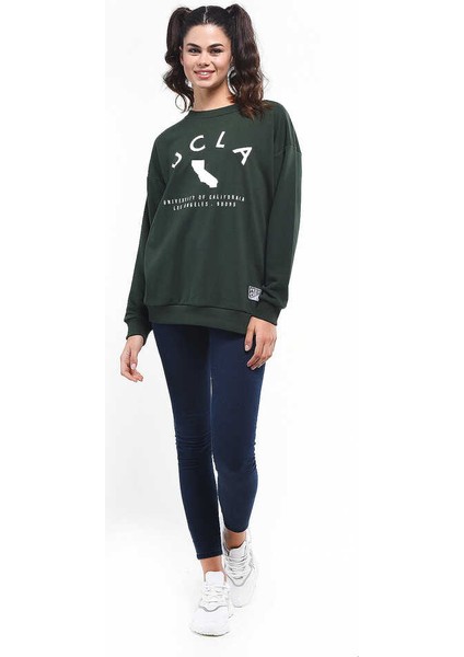 ALAMEDA Yeşil Oversize Bisiklet Yaka Baskılı Kadın Sweatshirt