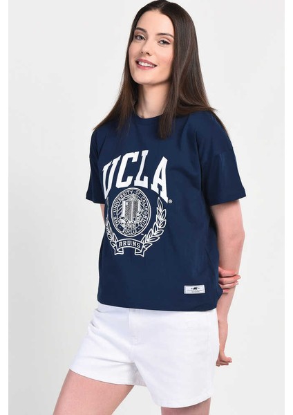 AVALON Lacivert Oversize Bisiklet Yaka Baskılı Kadın T-shirt