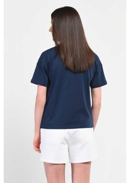 AVALON Lacivert Oversize Bisiklet Yaka Baskılı Kadın T-shirt