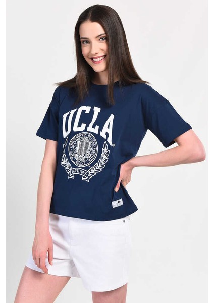 AVALON Lacivert Oversize Bisiklet Yaka Baskılı Kadın T-shirt