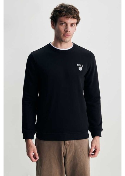 Valley Siyah Bisiklet Yaka Baskılı Standard Fit Erkek Sweatshirt