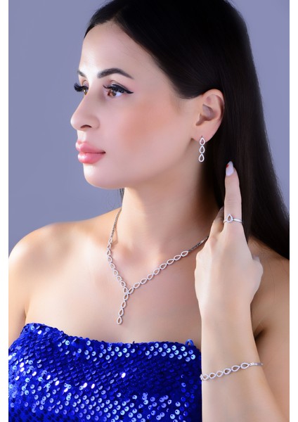 Kadın 925 Ayar Gümüş Damla Salkım Pırlanta Montür Su Yolu Set