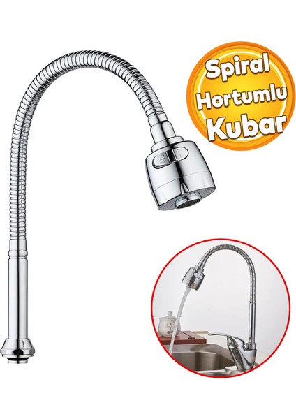 Mutfak Musluk Batarya Kuğu Evye Borusu Spiral Hortumlu Krom Renk 2 Kademe Su Kubar Ayarlı Başlık