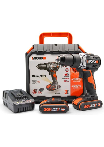 WX352 20VOLT/2.0AH Li-Ion Çift Akülü Kömürsüz Profesyonel Şarjlı Darbeli Matkap