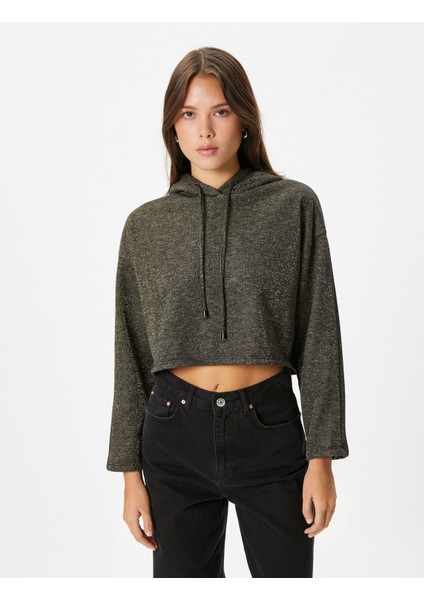 Kapüşonlu Crop Sweatshirt Simli Uzun Kollu modelleri