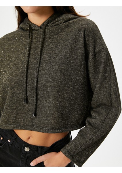 Kapüşonlu Crop Sweatshirt Simli Uzun Kollu indirimleri