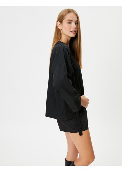 Kimono Uzun Geniş Kollu Kruvaze Yaka Kapaklı Cep Detaylı