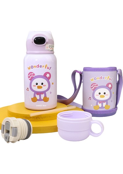 Sweet Ruı 500ML Çift Kapaklı ve Pipetli Karikatür Paslanmaz Çelik Termos Bardak (Yurt Dışından)
