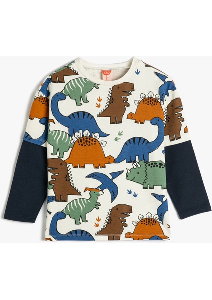 Dinozorlu Sweatshirt Bisiklet Yaka Uzun Kollu Renk Bloklu Pamuklu