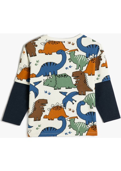 Dinozorlu Sweatshirt Bisiklet Yaka Uzun Kollu Renk Bloklu Pamuklu