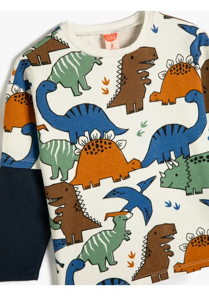 Dinozorlu Sweatshirt Bisiklet Yaka Uzun Kollu Renk Bloklu Pamuklu