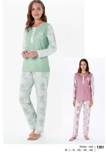 1351 Yakası Düğmeli Uzun Kollu Kadın Pijama Takım