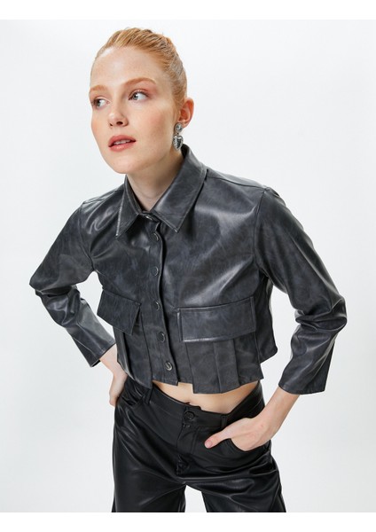 Crop Suni Deri Gömlek Eskitilmiş Görünümlü Uzun Kollu