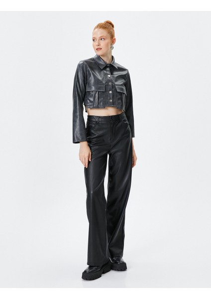 Crop Suni Deri Gömlek Eskitilmiş Görünümlü Uzun Kollu fiyatları