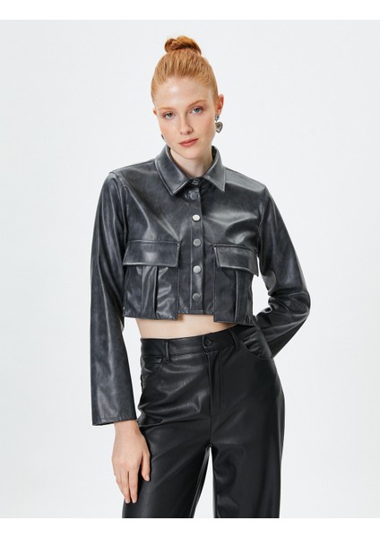 Crop Suni Deri Gömlek Eskitilmiş Görünümlü Uzun Kollu modelleri