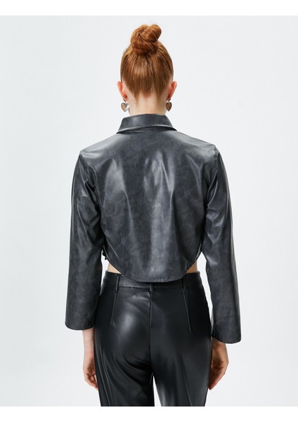 Crop Suni Deri Gömlek Eskitilmiş Görünümlü Uzun Kollu fırsatları