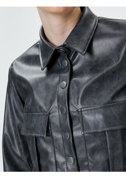 Crop Suni Deri Gömlek Eskitilmiş Görünümlü Uzun Kollu indirimleri