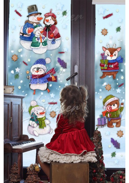 Kardan Adamlar ve Sevimli Hayvanlar Kış Sevinci, Yeni Yıl Yılbaşı Süsü Cam Duvar Sticker Seti