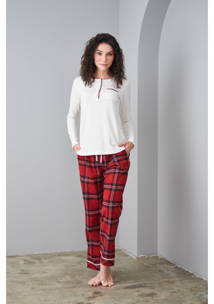 24561 Kadın Flanel Patlı Ekose Pijama Takım
