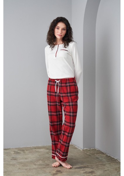 24561 Kadın Flanel Patlı Ekose Pijama Takım