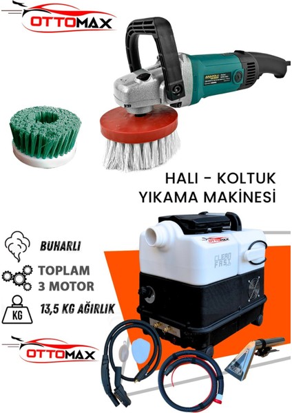 3 Motorlu Cleanfast Buharlı Halı ve Koltuk Yıkama Makinesi ve Koltuk Fırçalama Seti