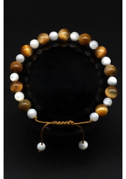 Kaplan Gözü - Sedef Doğal Taş Makrome Örme Bileklik