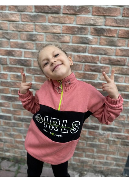 Kız Çocuk Önü Fermuarlı 3 Iplik Şardonlu Sweatshirt