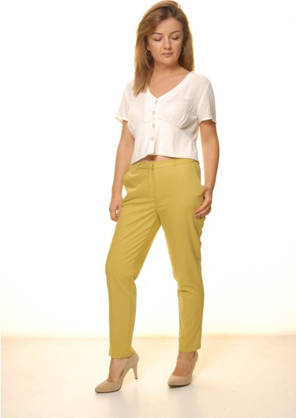 Kadın Limon Yeşili Mevsimlik Yüksek Bel Kumaş Pantolon 16E-4051 fiyatları