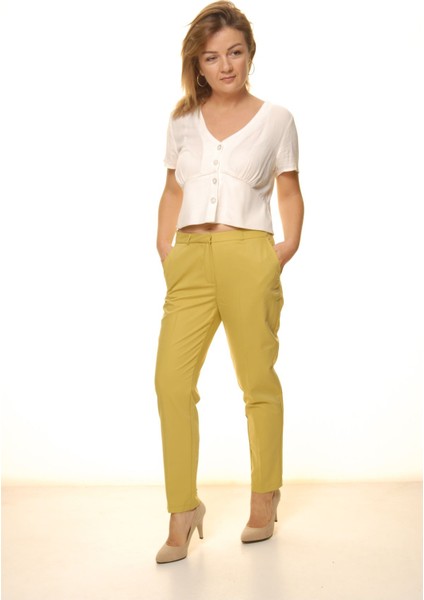 Kadın Limon Yeşili Mevsimlik Yüksek Bel Kumaş Pantolon 16E-4051 fırsatları