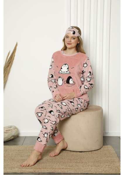 Kadın Pembe Desenli Kışlık Polar Pijama Takımı 14F-20049