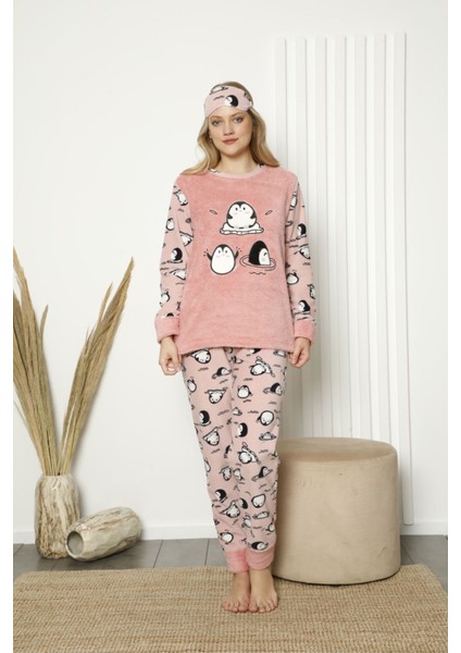 Kadın Pembe Desenli Kışlık Polar Pijama Takımı 14F-20049 fiyatları